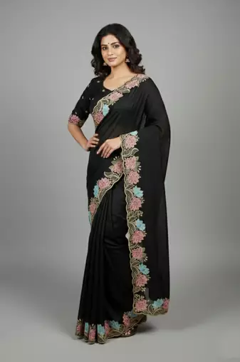 Black star georgette pastel floral resham & zari embroidery saree