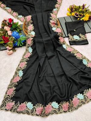 Black star georgette pastel floral resham & zari embroidery saree 5
