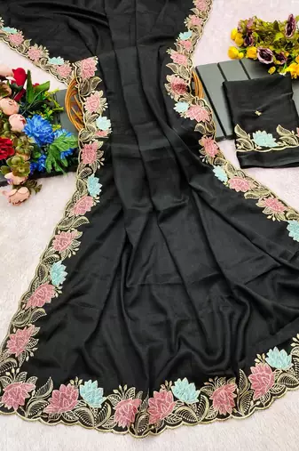 Black star georgette pastel floral resham & zari embroidery saree