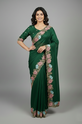 Green star georgette pastel floral resham & zari embroidery saree