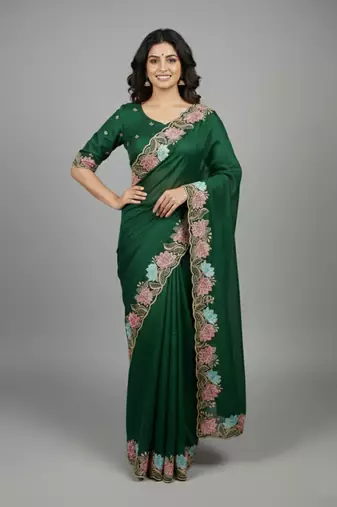 Green star georgette pastel floral resham & zari embroidery saree