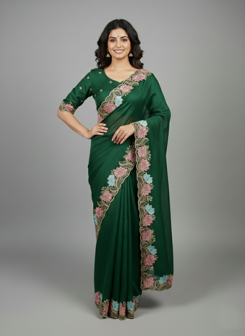 Green star georgette pastel floral resham & zari embroidery saree