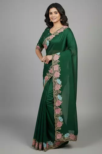 Green star georgette pastel floral resham & zari embroidery saree