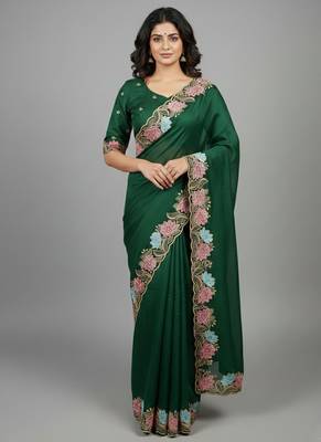 Green star georgette pastel floral resham & zari embroidery saree 3