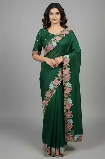 Green star georgette pastel floral resham & zari embroidery saree