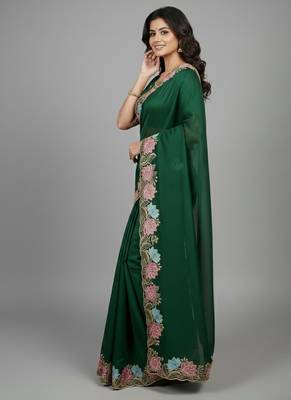 Green star georgette pastel floral resham & zari embroidery saree 4