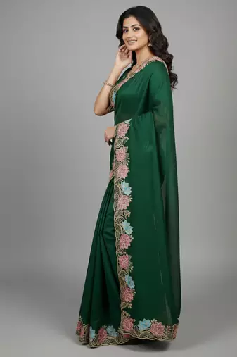 Green star georgette pastel floral resham & zari embroidery saree