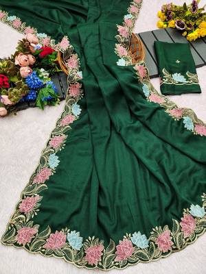 Green star georgette pastel floral resham & zari embroidery saree 5