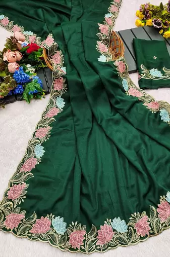 Green star georgette pastel floral resham & zari embroidery saree
