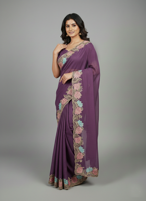 Lavender star georgette pastel floral resham & zari embroidery saree 1