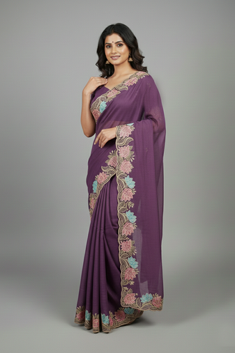 Lavender star georgette pastel floral resham & zari embroidery saree