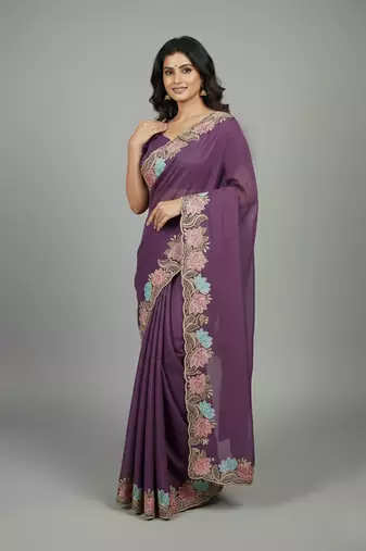 Lavender star georgette pastel floral resham & zari embroidery saree