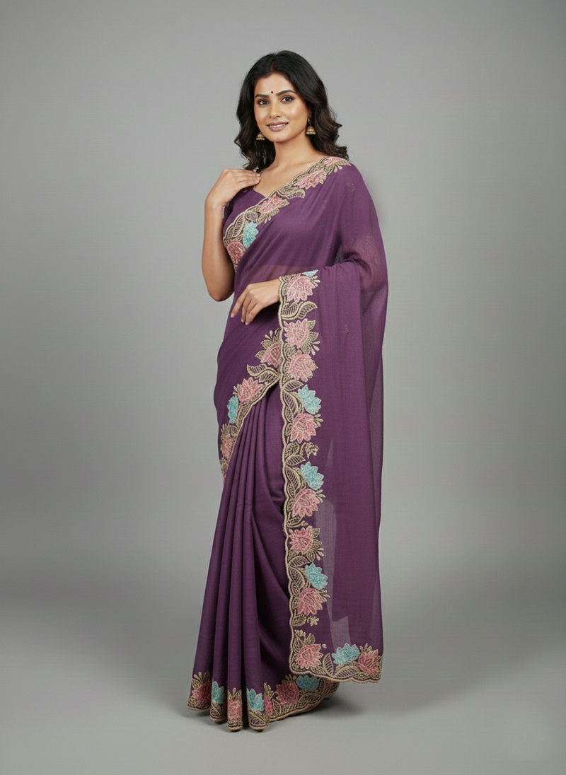 Lavender star georgette pastel floral resham & zari embroidery saree