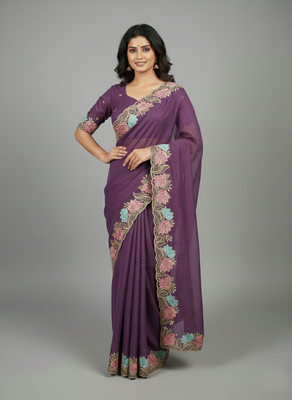 Lavender star georgette pastel floral resham & zari embroidery saree 2