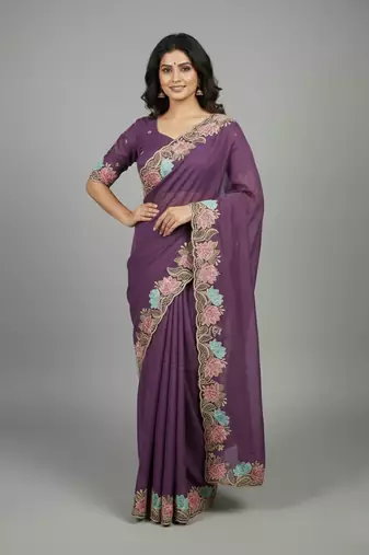 Lavender star georgette pastel floral resham & zari embroidery saree