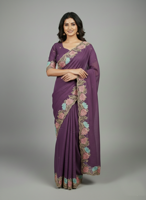 Lavender star georgette pastel floral resham & zari embroidery saree 3