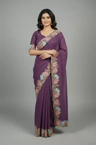 Lavender star georgette pastel floral resham & zari embroidery saree