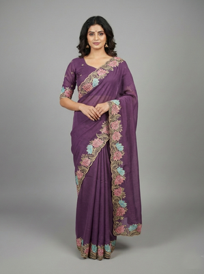 Lavender star georgette pastel floral resham & zari embroidery saree 4