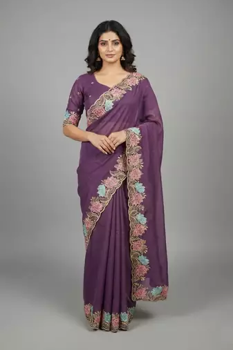 Lavender star georgette pastel floral resham & zari embroidery saree