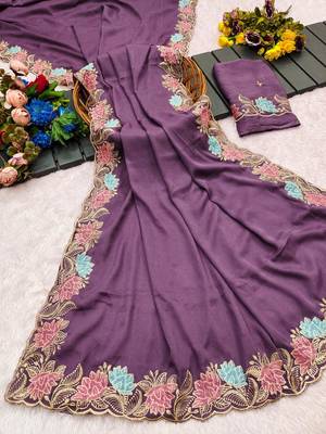 Lavender star georgette pastel floral resham & zari embroidery saree 5