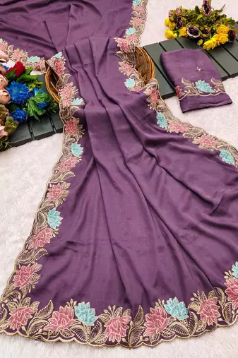 Lavender star georgette pastel floral resham & zari embroidery saree