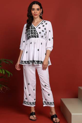 Women white & black floral hand embroidered angarkha chikankari flared top & trouser co-ord set