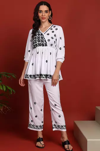 Women white & black floral hand embroidered angarkha chikankari flared top & trouser co-ord set