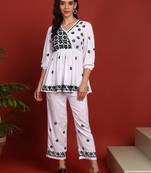 Women white & black floral hand embroidered angarkha chikankari flared top & trouser co-ord set