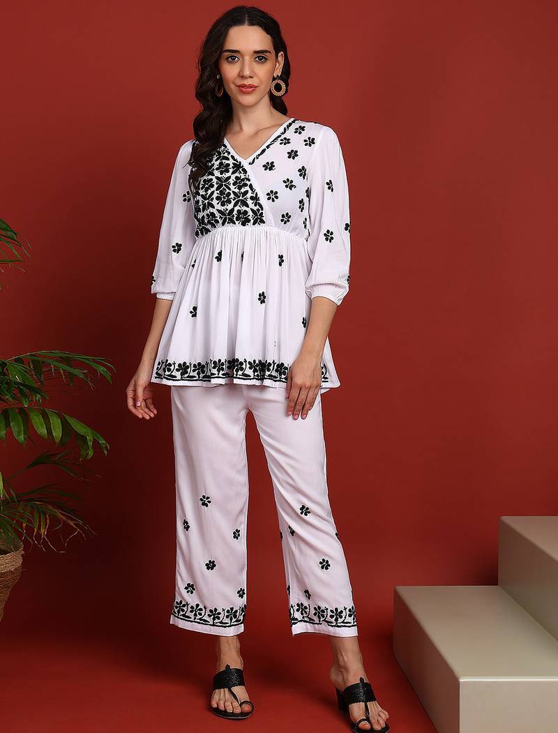Women white & black floral hand embroidered angarkha chikankari flared top & trouser co-ord set