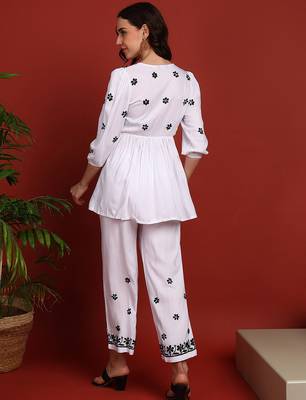 Women white & black floral hand embroidered angarkha chikankari flared top & trouser co-ord set 2