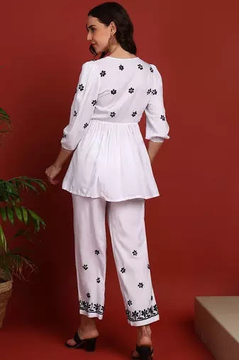 Women white & black floral hand embroidered angarkha chikankari flared top & trouser co-ord set