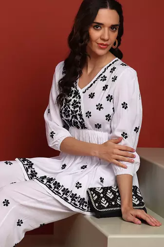 Women white & black floral hand embroidered angarkha chikankari flared top & trouser co-ord set