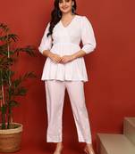 Women white ethnic motifs hand embroidered angarkha chikankari flared top & trouser co-ord set