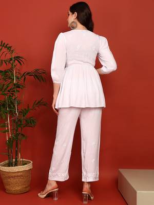 Women white ethnic motifs hand embroidered angarkha chikankari flared top & trouser co-ord set 2