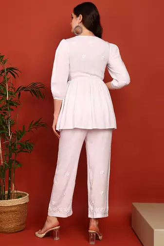 Women white ethnic motifs hand embroidered angarkha chikankari flared top & trouser co-ord set