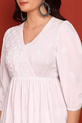 Women white ethnic motifs hand embroidered angarkha chikankari flared top & trouser co-ord set