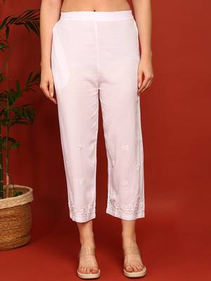 Women white ethnic motifs hand embroidered angarkha chikankari flared top & trouser co-ord set 5