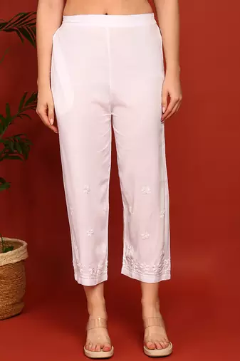 Women white ethnic motifs hand embroidered angarkha chikankari flared top & trouser co-ord set