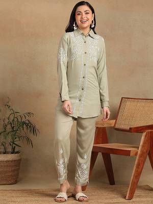 Women olive floral embroidered liva rayon lucknowi chikankari shirt and straight pant set 1