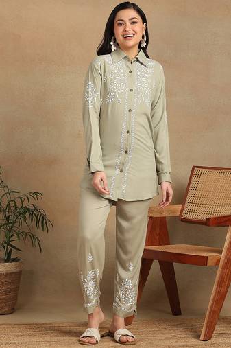 Women olive floral embroidered liva rayon lucknowi chikankari shirt and straight pant set