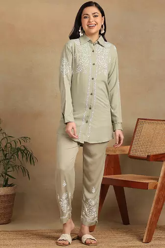 Women olive floral embroidered liva rayon lucknowi chikankari shirt and straight pant set