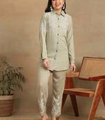 Women olive floral embroidered liva rayon lucknowi chikankari shirt and straight pant set