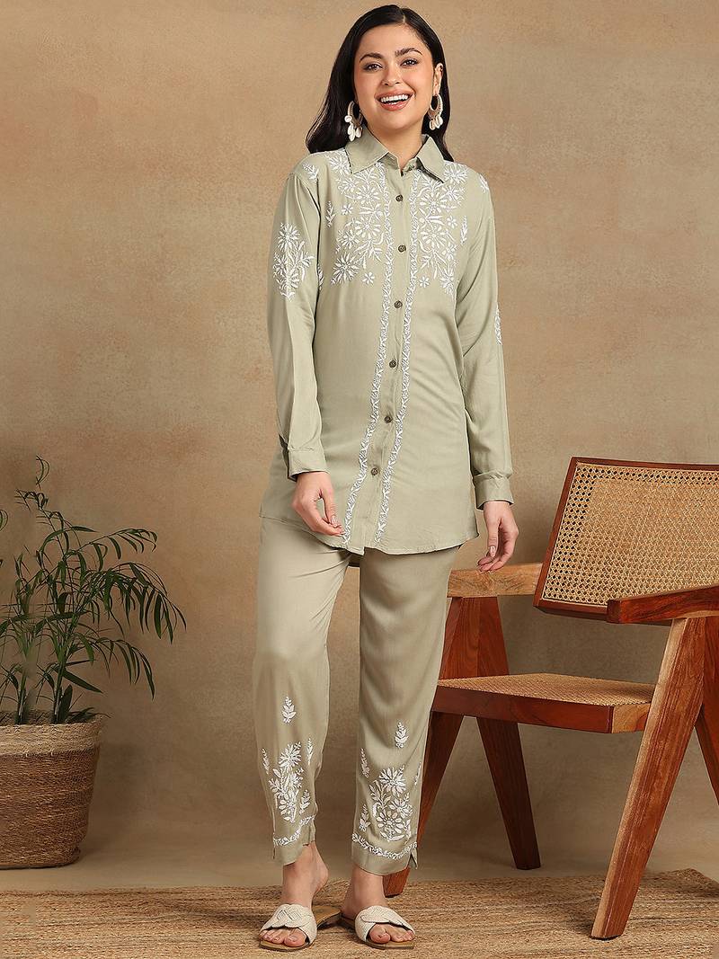 Women olive floral embroidered liva rayon lucknowi chikankari shirt and straight pant set