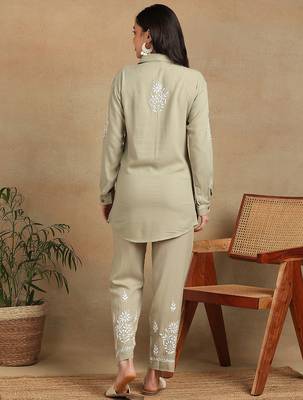 Women olive floral embroidered liva rayon lucknowi chikankari shirt and straight pant set 2