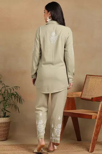 Women olive floral embroidered liva rayon lucknowi chikankari shirt and straight pant set