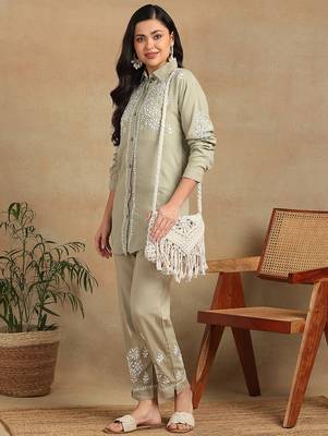 Women olive floral embroidered liva rayon lucknowi chikankari shirt and straight pant set 3