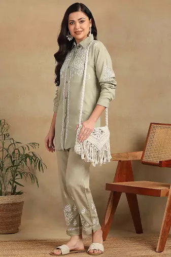 Women olive floral embroidered liva rayon lucknowi chikankari shirt and straight pant set