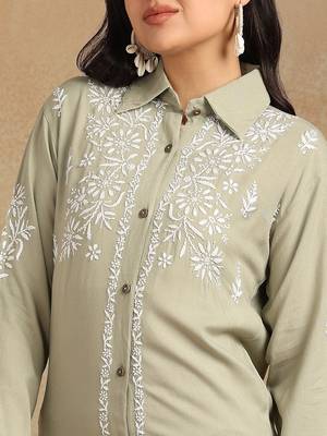 Women olive floral embroidered liva rayon lucknowi chikankari shirt and straight pant set 4