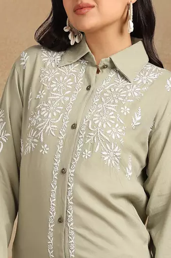 Women olive floral embroidered liva rayon lucknowi chikankari shirt and straight pant set