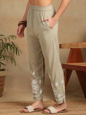 Women olive floral embroidered liva rayon lucknowi chikankari shirt and straight pant set 5